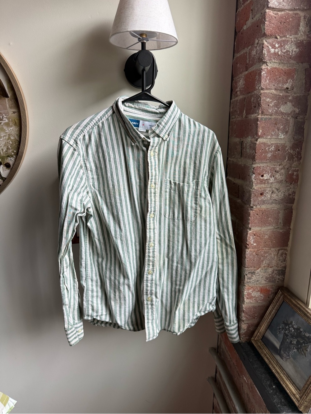 Old Navy Men's Green & White Striped Button-Down Shirt
